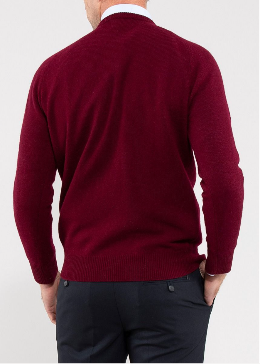 Alan Paine Sweater - Burgundy Dorset Lambswool Saddle Shoulder Crew Neck Sweater - Classic Fit