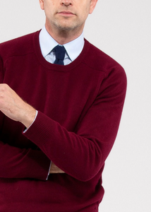 Alan Paine Sweater - Burgundy Dorset Lambswool Saddle Shoulder Crew Neck Sweater - Classic Fit