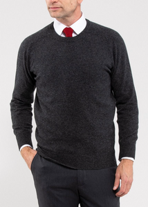 Alan Paine Sweater - Charcoal Dorset Lambswool Saddle Shoulder Crew Neck Sweater - Classic Fit